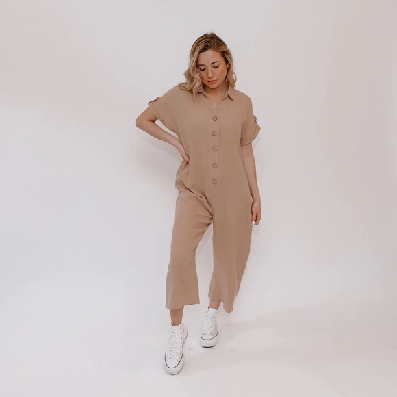 Wrinkle Gauze Button Down Jumpsuit - Picture 3 of 6
